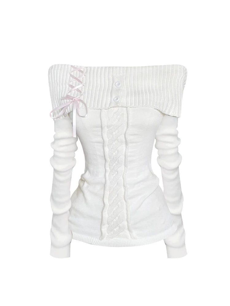 Women White Vintage Pullover Knit Sweater Y2k 90s Aesthetic Harajuku Elegant Long Sleeves Sweaters Fashion 2000s Clothes Autumn