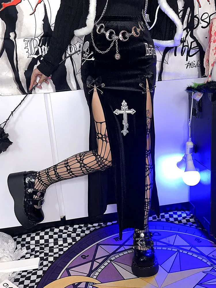 Goth Vintage Black High Split Skirts Aesthetic Sexy High Waist Bow Bodycon Long Skirt Elegant E Girl Punk Partywear Clothes Y2k