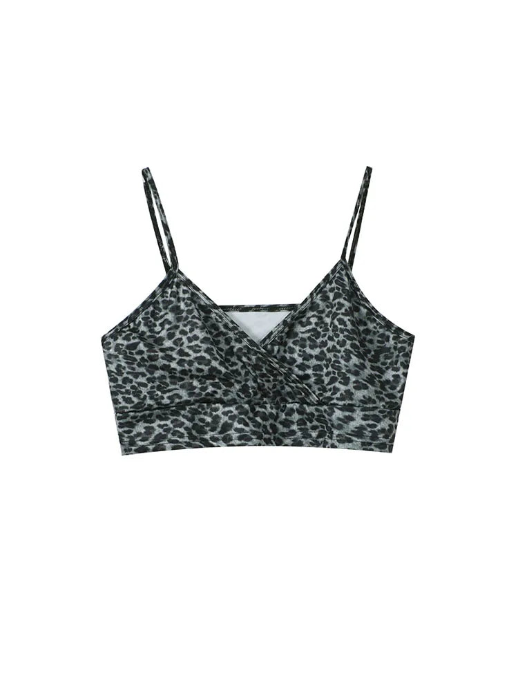 White Hollow Out Suspender Long Sleeve T-shirt Women 2022 Summer Leopard Sling Sexy Perspective Bottoming Shirt Crew Short Top