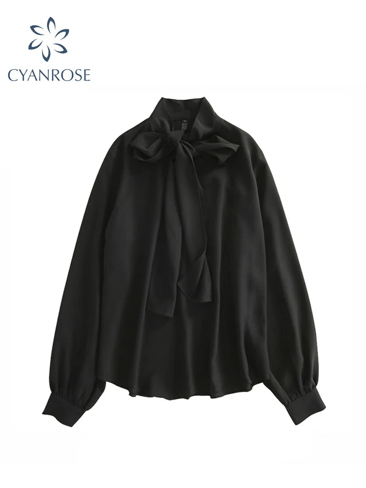 2022 Fall Lace Up Bow Shirt Vintage Long Sleeve Solid Chiffon Casual Blouse Korean Fashion Elegant Office Lady Blusas Woman Tops