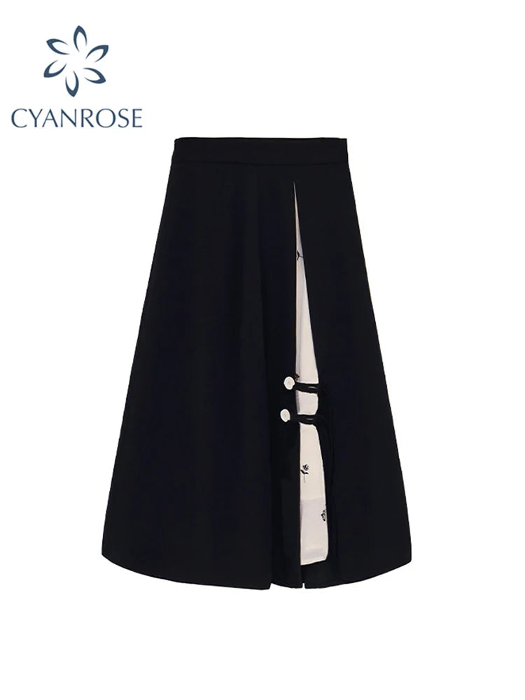 Skirts Women Black High-waist Side-split Midi Skirt Ladies Stretchy Body-con A-line Vintage Elegant All-match Simple Fashion New