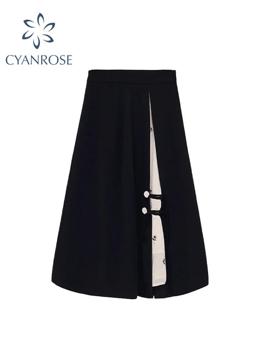 Skirts Women Black High-waist Side-split Midi Skirt Ladies Stretchy Body-con A-line Vintage Elegant All-match Simple Fashion New