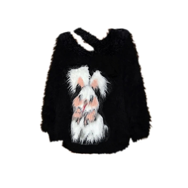 Women's Black Gothic Mohair Pullover Knit Sweater Harajuku Y2k Long Sleeves Knitted Rabbit Sweater Jumper Vintage 2000s Clothes