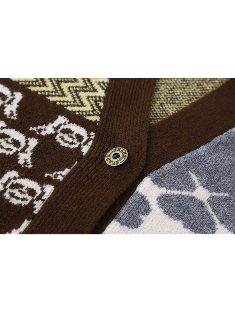 Vintage Knitted Cardigan Sweater Women Patchwork Denim Coat V Neck Long Sleeve Knitwear Casual Loose Outwear Female Tops