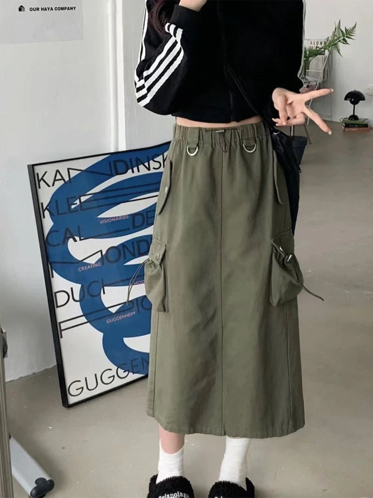 Women's Black Gothic A-line Cargo Skirt Vintage Aesthetic Streetwear Y2k Long Skirt Harajuku Korean Skirts 2000s Clothes Summer