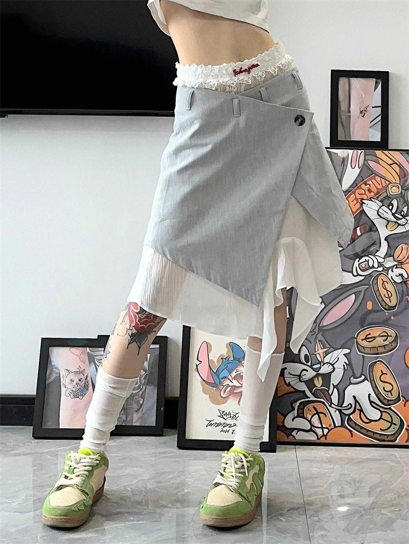 Women's Grey A-line Skirt Vintage Aesthetic Y2k Patchwork Skirt Harajuku Korean Asymmetrical Skirts 2000s Fashion Clothes Summer