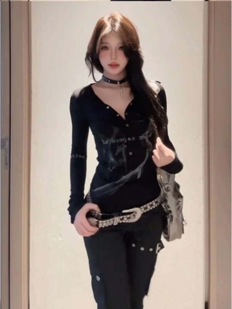 Women Black Gothic T-shirt Harajuku Korean Y2k Tee Top 90s Vintage Long Sleeve Emo Crop Top 2000s Coquette Fashion Clothes 2024