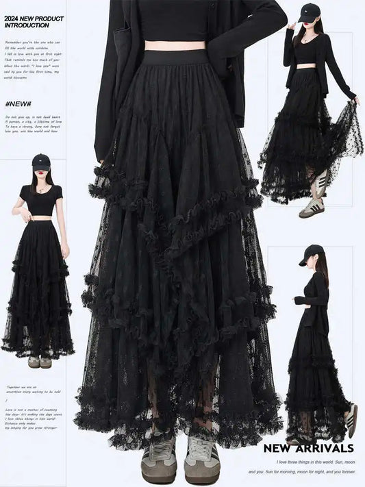 Vintage Gothic Black Skirts Women Fairycore Grunge Lace Patchwork Trumpet Skirt Punk Streetwear Partywear Emo Alt Skirts