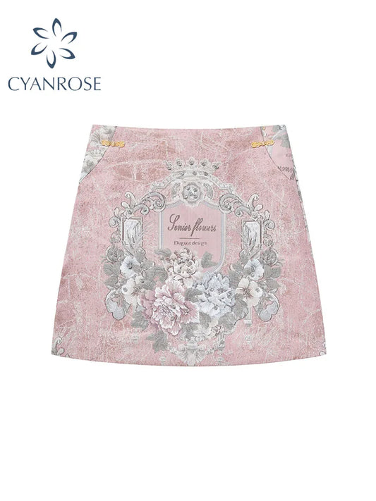 Women's Pink Print Skirt Vintage Y2k A-line Skirt Harajuku Streetwear Ladies Mini Skirts 2000s Aesthetic Fashion Clothes Summer