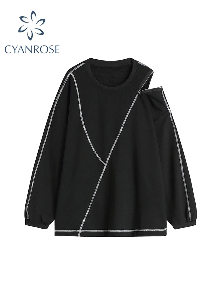 2022 Women Korean Pullover Hoodies Irregular New Trendy Sense Of Design Autumn Solid Color Long Sleeve O-neck Pullover Sweatwear