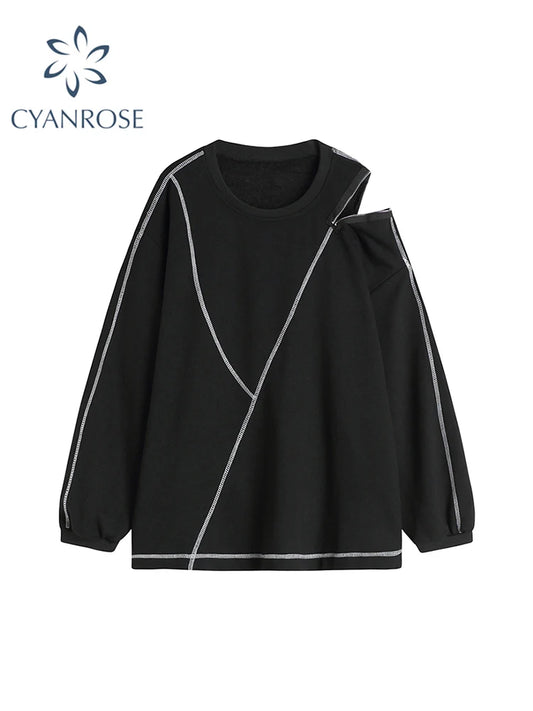 2022 Women Korean Pullover Hoodies Irregular New Trendy Sense Of Design Autumn Solid Color Long Sleeve O-neck Pullover Sweatwear