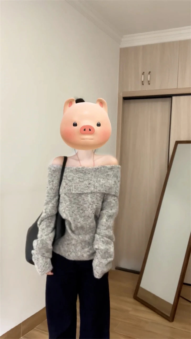 Women's Grey Pullover Sweater Harajuku Vintage Korean Y2k Long Sleeves Slash Neck Cashmere Sweaters Jumper 2000s Clothes Autumn