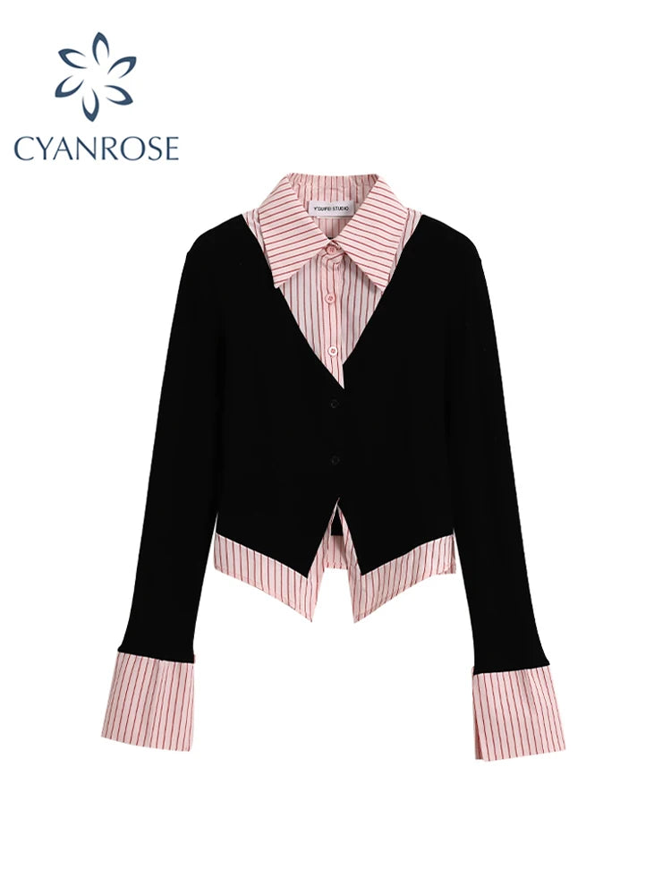 Y2K Pink Patchwork Blouse - Korean Vintage Long Sleeve 2025 Autumn
