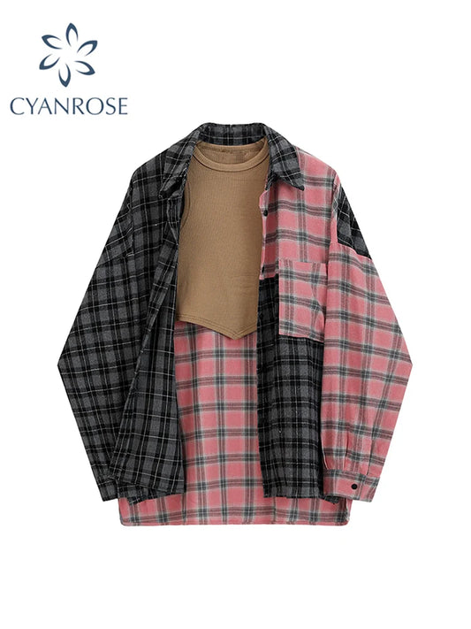 Turn-Down Neck Long Sleeve Patchwork Plaid Shirts Women Autumn Oversize Button Up Shirt Korean Fashion Casual Outwear Tops