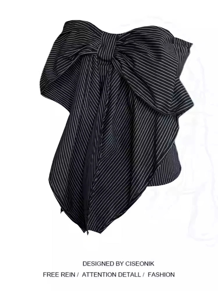 Women Black Striped Shirts and Blouses Bow Y2k Aesthetic Vintage Korean 2000s Elegant Off Shoulder Short Sleeve Shirt Clothes