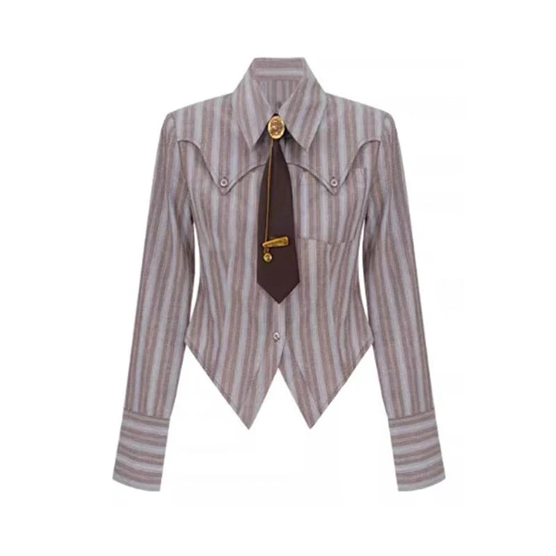 Y2K Striped Polo Blouse - Korean Vintage Long Sleeve Autumn