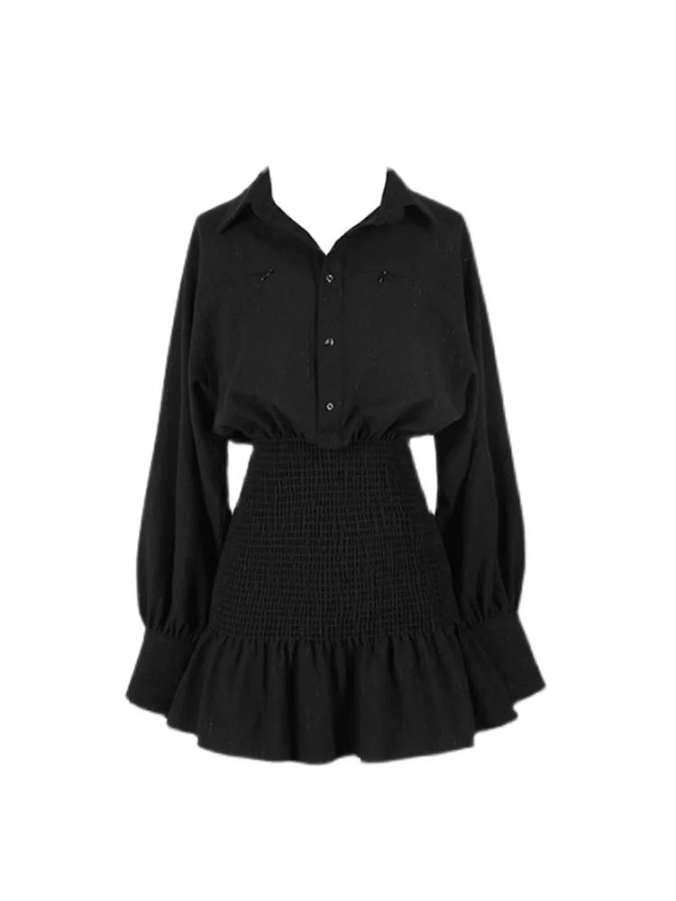 Black Gothic Women's Shirt Dress French Style Vintage Retro Dress Long Sleeve Casual Chic Elegant Tunic High Waist Sundress 2025