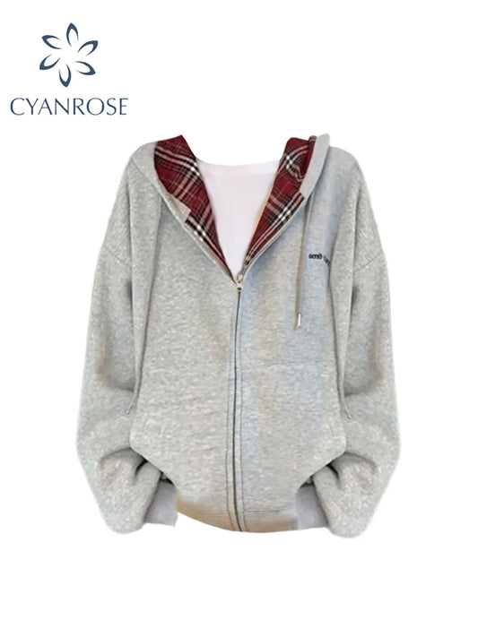 Women's Grey Sweatshirt Vintage Streetwear Korean Fashion Harajuku 90s Aesthetic Red Plaid Hoodies Sweatshirt Top Clothes Autumn