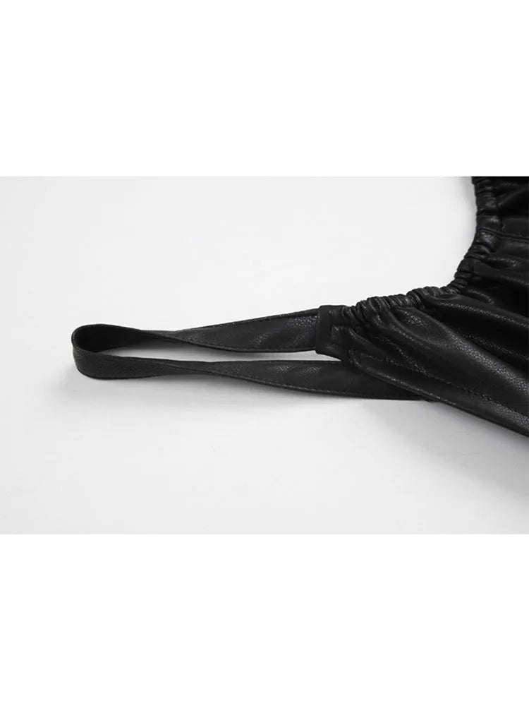 Pu Faux Leather Sexy Black Spaghetti Strap Mini Dresses Women High Waist Hollow Out Design Backless Loose Party Club Midi Frocks