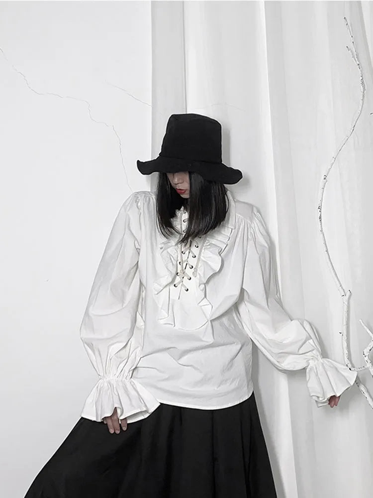 Fall Fashion Vintage Gothic Shirt Women Flare Sleeves Ruffles Oversize Club Party Evening Girl Lolita Black Blouse V-neck Tops
