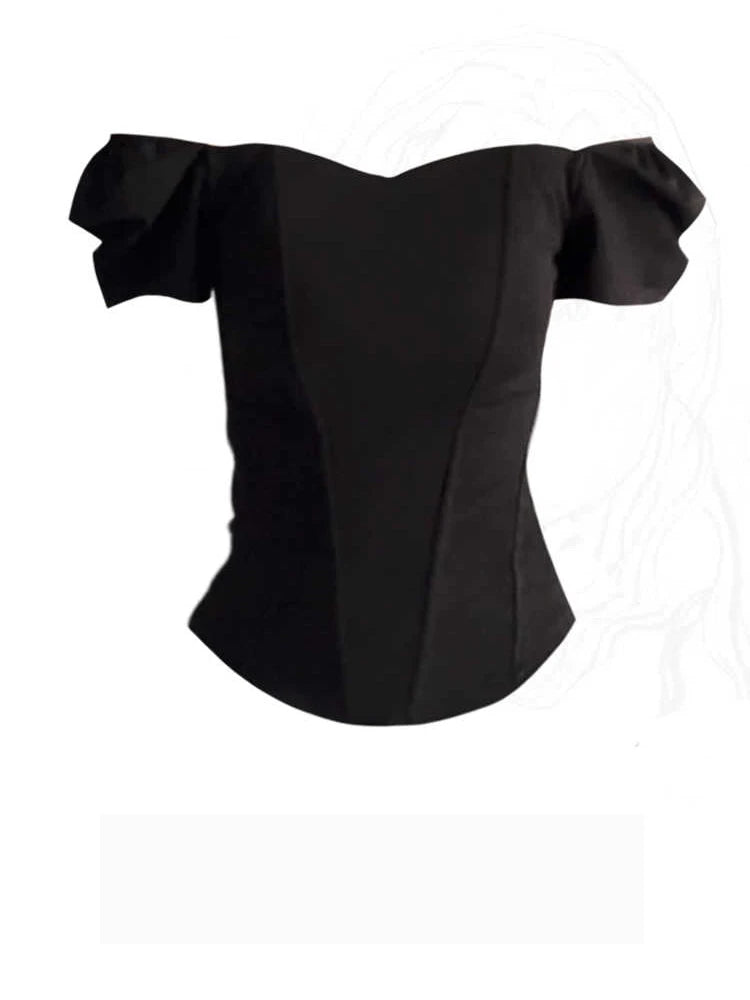 Women's Black Shirts and Blouses Y2k Aesthetic Streetwear Vintage Korean 2000s Elegant Short Sleeve Square Collar Shirt Clothes