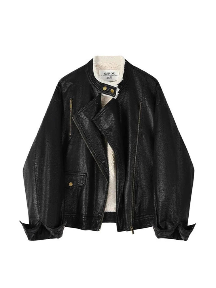 Women's Brown Leather Jacket Emo Mustang Coat Harajuku Vintage Long Sleeve Motorcycle Jacket Outerwear 2000s Clothes Winter 2024