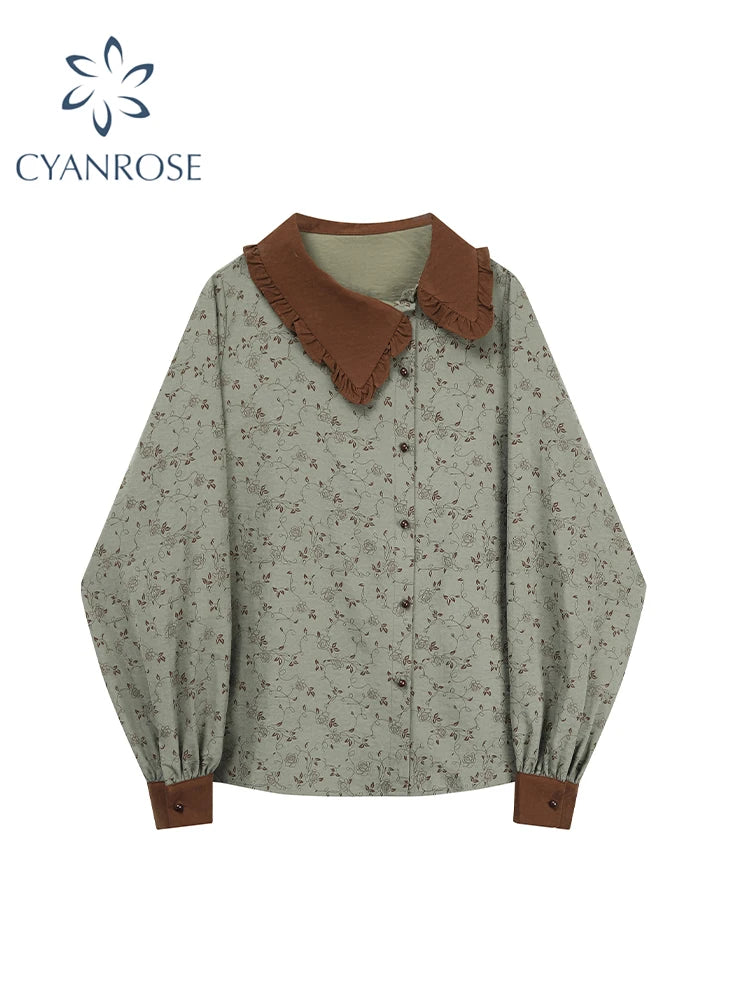 Women's Floral Print Shirts and Blouses Vintage Y2k Aesthetic Streetwear Korean 2000s Elegant Long Sleeve Shirt Clothes Autumn