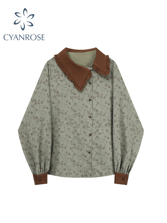 Women's Floral Print Shirts and Blouses Vintage Y2k Aesthetic Streetwear Korean 2000s Elegant Long Sleeve Shirt Clothes Autumn