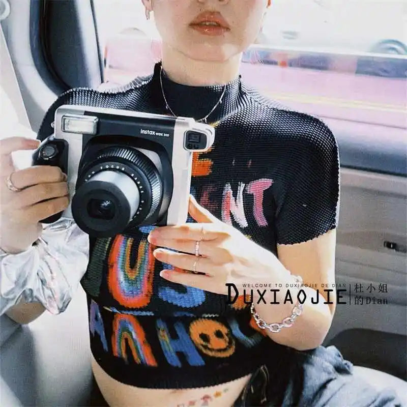 Women's T-shirt Harajuku Korean Y2k Graphic Print Short Sleeve Tee Top Clothes Fashion Vintage Streetwear Elastic T-shirt 2025