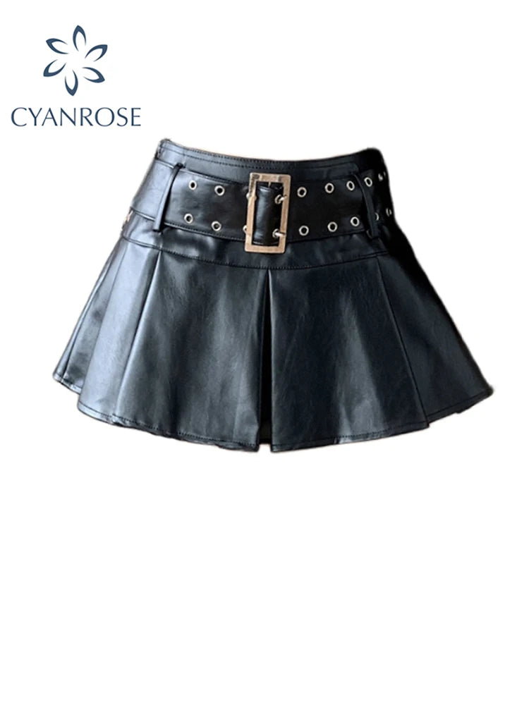 Women Leather Skirts Vintage Female Streetwear Korean High Waist Fashion Y2k Black Gothic Punk Silver A-line Pleated Mini Skirt