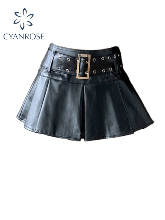 Women Leather Skirts Vintage Female Streetwear Korean High Waist Fashion Y2k Black Gothic Punk Silver A-line Pleated Mini Skirt