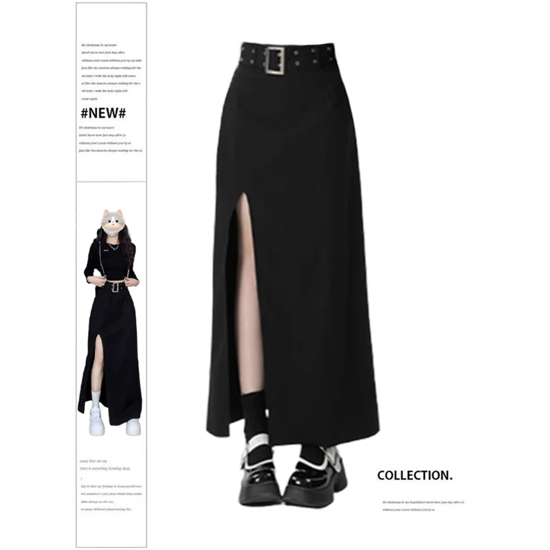 Women Black Gothic Skirt Vintage High Waist A-Line Skirt Emo 2000s Fashion Harajuku Streetwear Y2k Long Skirt 90s Girls Clothes