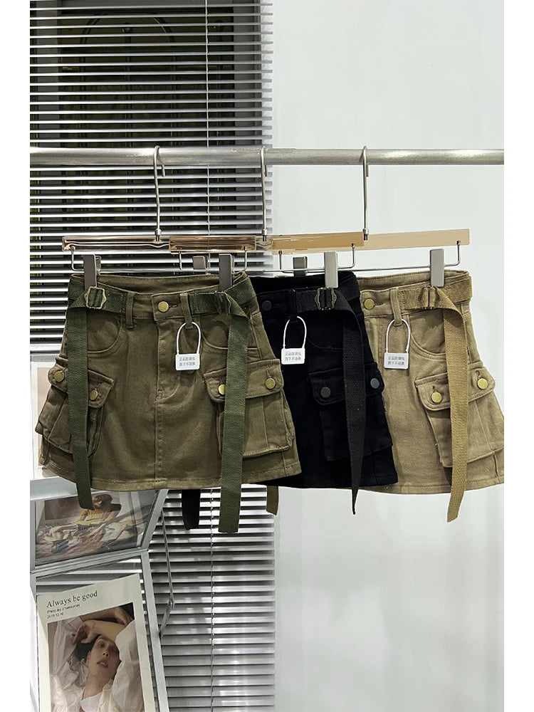 Women Denim Cargo A-line Skirt Vintage Y2k Khaki Skirt Harajuku Korean Streetwear Fashion A-line Skirts Emo 2000s Trashy Clothes