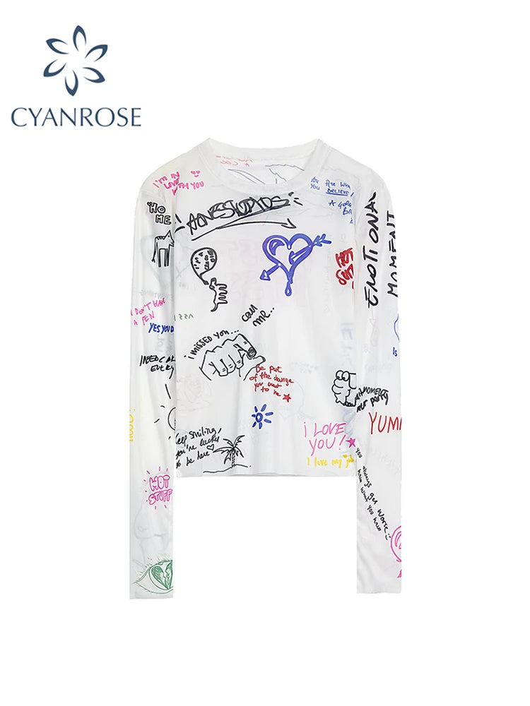 Women's Graphic Print T-shirt Harajuku Korean Style 90s Y2k Tee Top 2000s Aesthetic Vintage T-shirts 2023 Grunge Clothes Autumn