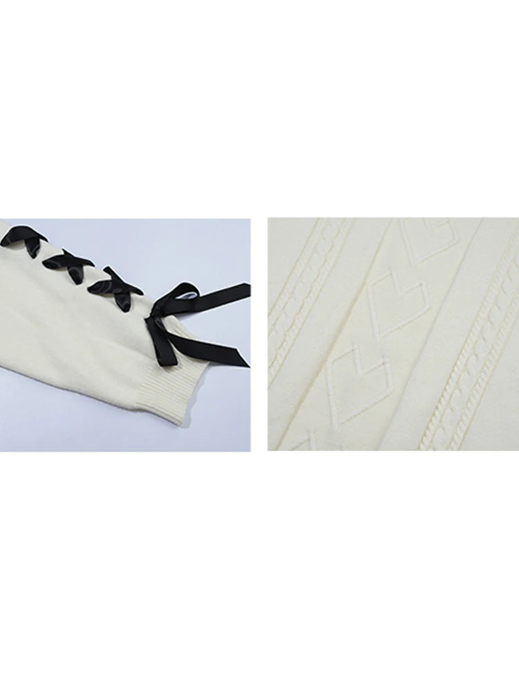 Women's Lace-up White Pullover Knitted Sweater Harajuku Y2k Long Sleeves O-Neck Sweater Jumper Vintage 2000s Aesthetic Clothes