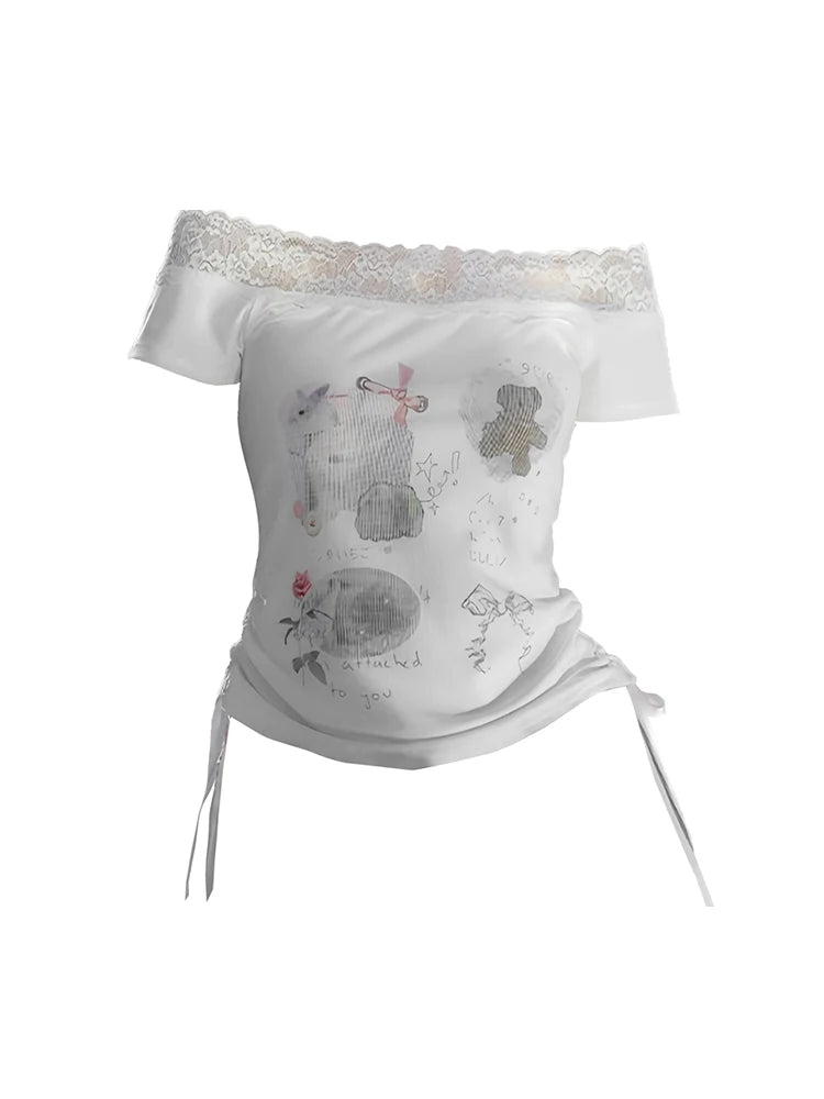 Women's White Graffiti Print T-shirt Harajuku Korean Y2k Tee Top Vintage 90s Aesthetic Short Sleeve T-shirt 2000s Clothes Summer