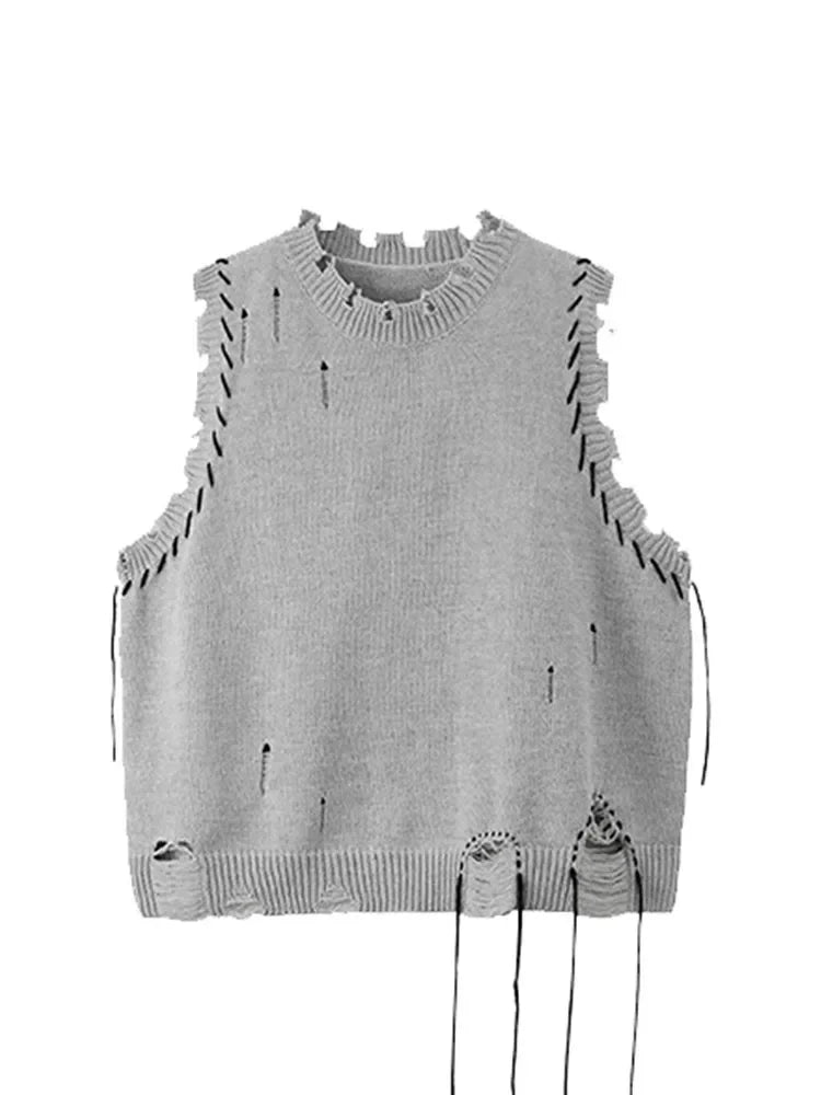Knitted Sweater Vests For Women O-Neck Oversized Pullovers Loose Thicken Jumper Female Casual Ripped Hole Sweaters Spring New