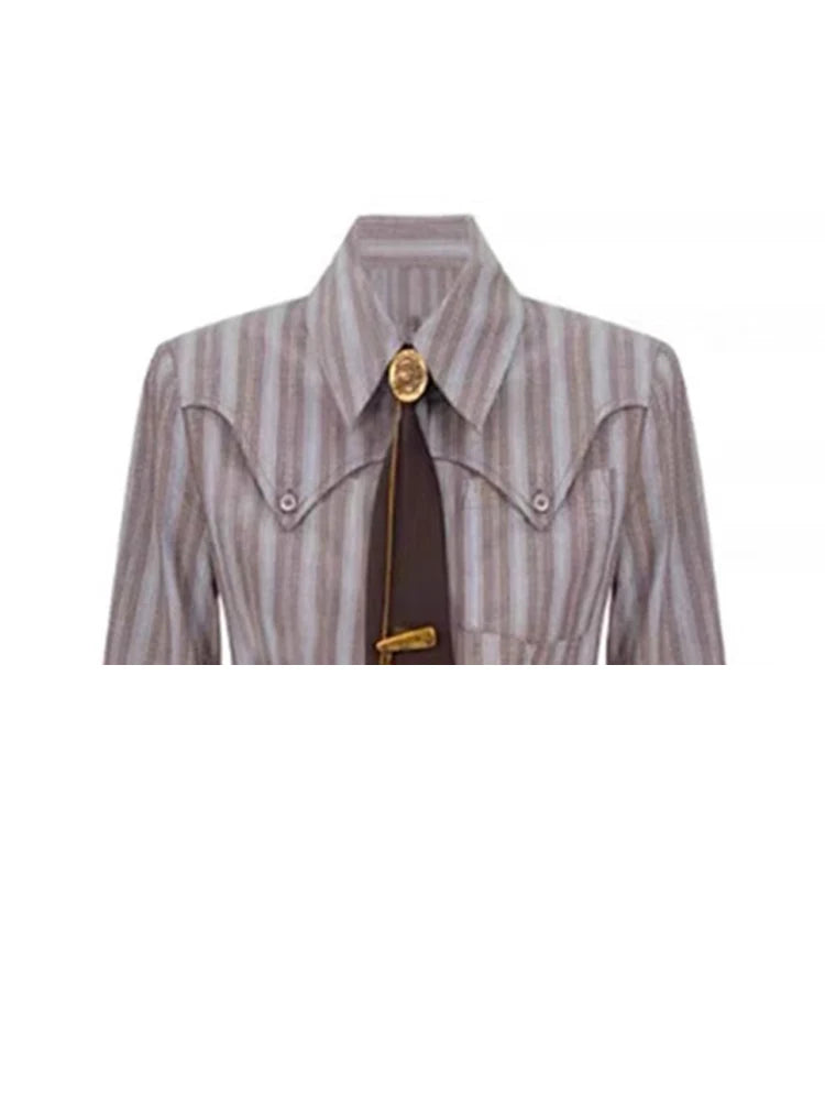 Y2K Striped Polo Blouse - Korean Vintage Long Sleeve Autumn