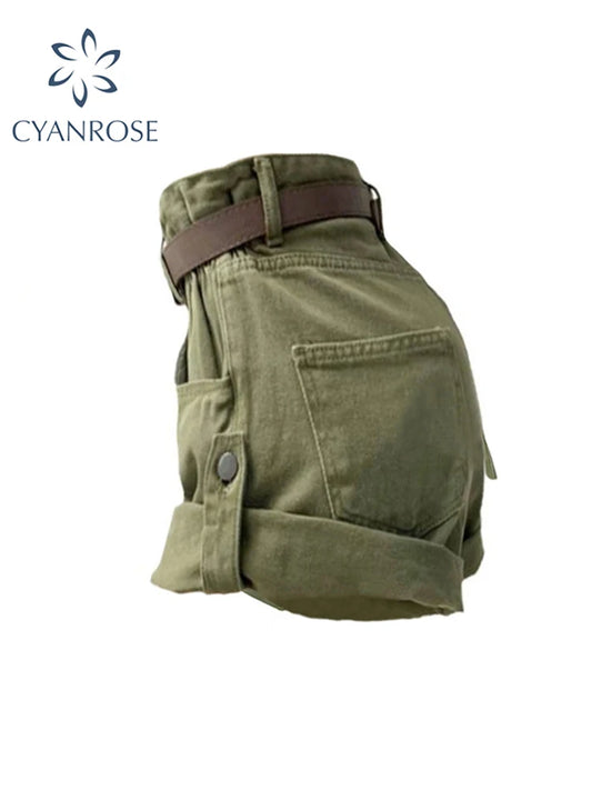 Women's Summer Green Cargo Denim Shorts Y2k High Waist Streetwear Casual Shorts Korean Harajuku Vintage Jean Short Pants 2023