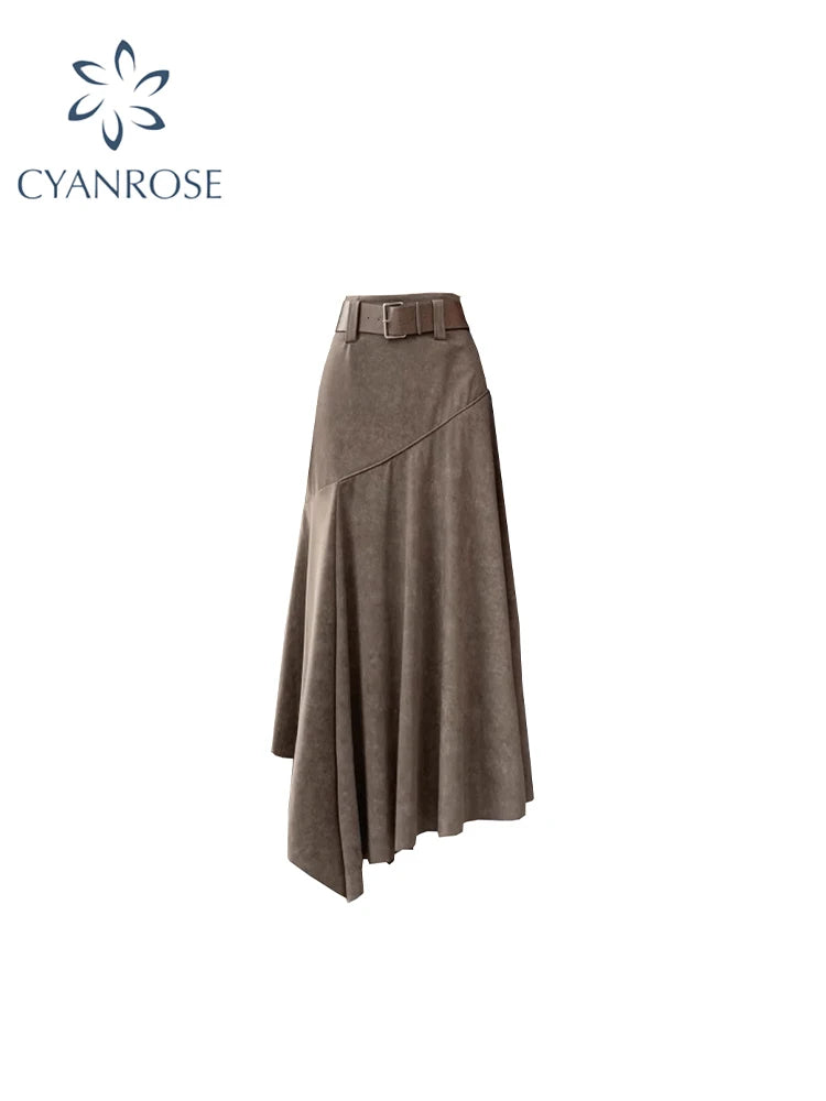 Women's Brown A-line Skirt 90s Aesthetic Y2k Long Skirts Harajuku Korean Asymmetrical Skirt 2000s Vintage Fashion Clothes Summer
