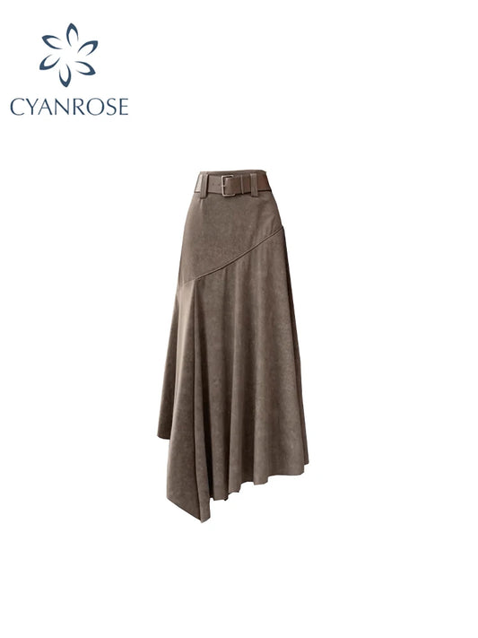 Women's Brown A-line Skirt 90s Aesthetic Y2k Long Skirts Harajuku Korean Asymmetrical Skirt 2000s Vintage Fashion Clothes Summer