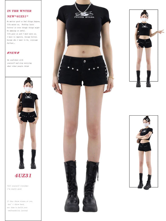 Women's Black Gothic Denim Shorts Vintage Harajuku Low Waist Mini Jeans Shorts Y2k Shorts Pants Trashy Emo 2000s Clothes Summer
