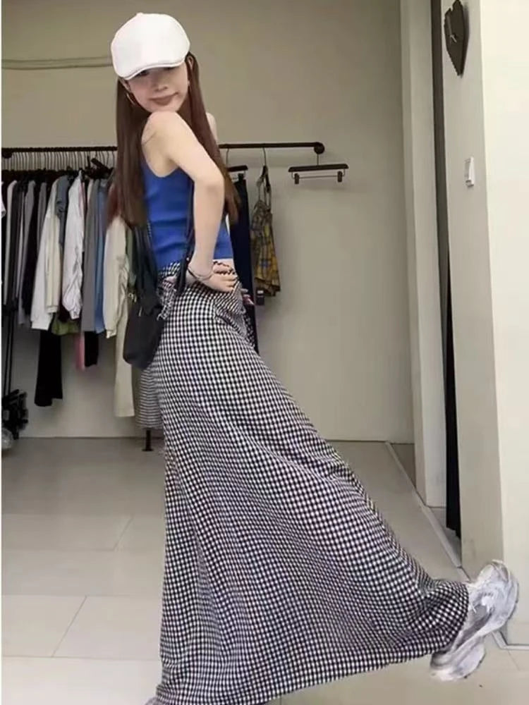Women's A-line Plaid Skirt Vintage Aesthetic Streetwear Y2k Oversize Long Skirt Harajuku Skirt 2000s Fashion Clothes 2025 Summer
