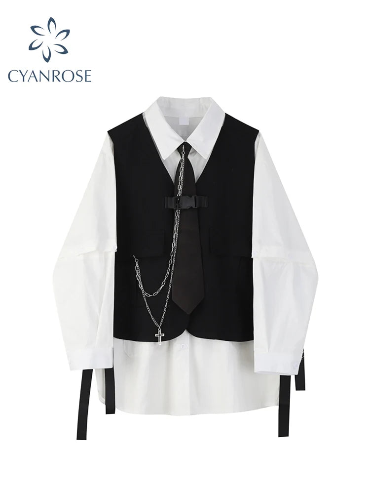 2022 Spring Autumn Women's Two-Piece Sets Streetwear Fashion Tooling Style Vest And Solid Loose Long Sleeve Shirts Female Suit