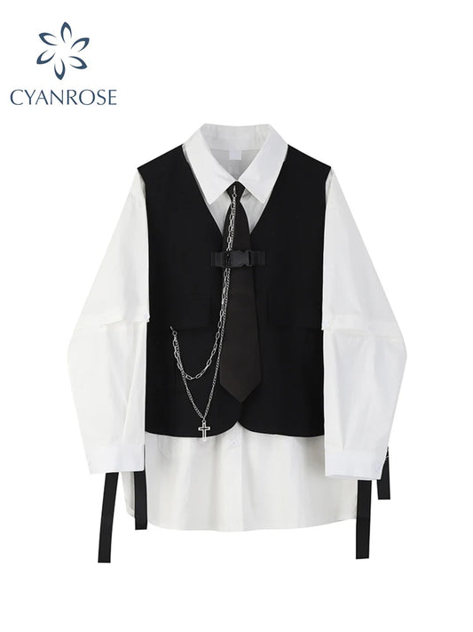 2022 Spring Autumn Women's Two-Piece Sets Streetwear Fashion Tooling Style Vest And Solid Loose Long Sleeve Shirts Female Suit