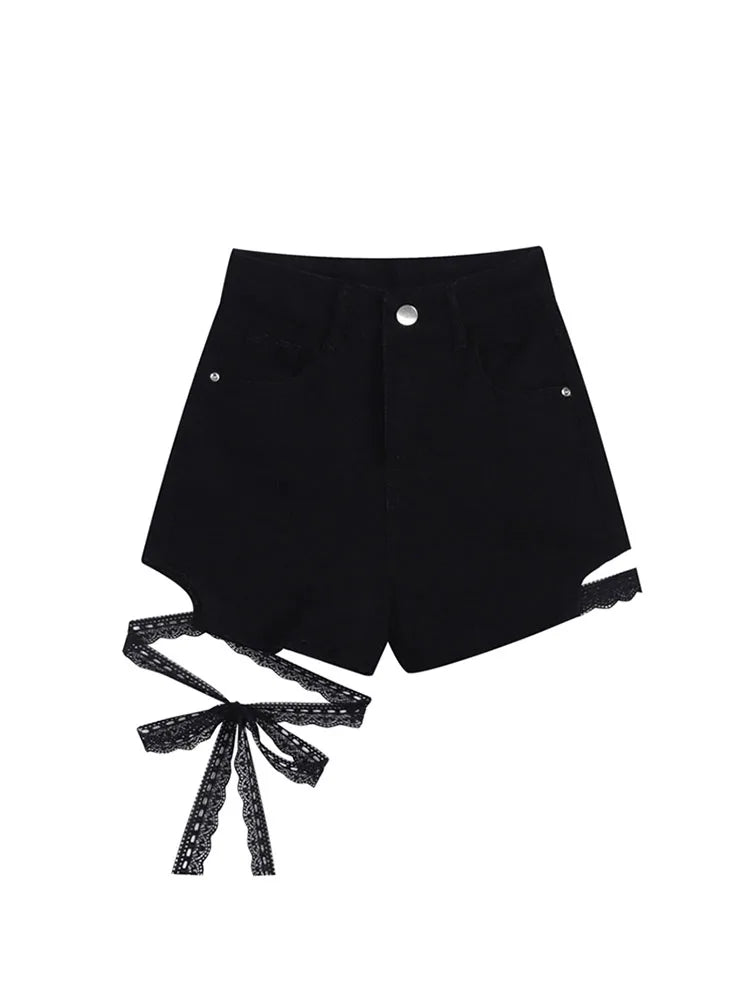 Sexy Slim Summer Women Denim Shorts 2022 New Gothic Black High Waist Short Jeans Y2K Streetwear Female Lace Up Bandage Hot Pants