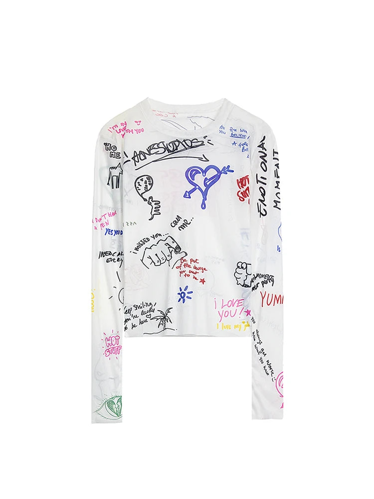 Women's Graphic Print T-shirt Harajuku Korean Style 90s Y2k Tee Top 2000s Aesthetic Vintage T-shirts 2023 Grunge Clothes Autumn