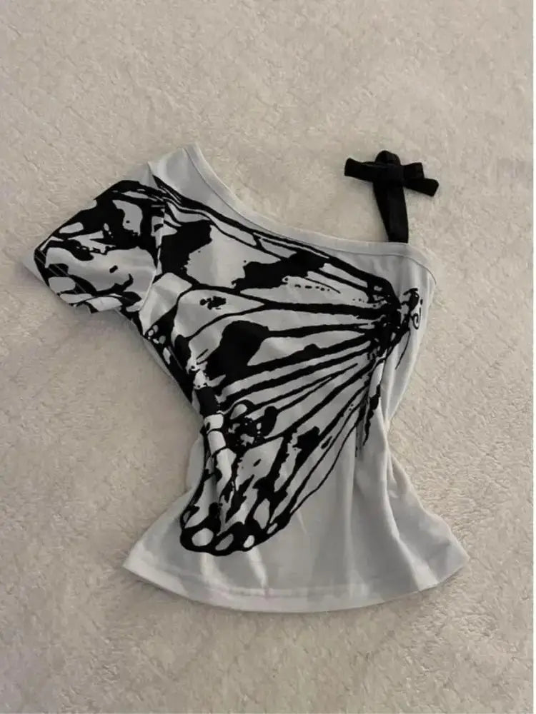 Women's T-shirt Off Shoulder Harajuku Butterfly Print Y2k Graphic Short Sleeve Tee Top Fashion Vintage Streetwear T-shirts 2025