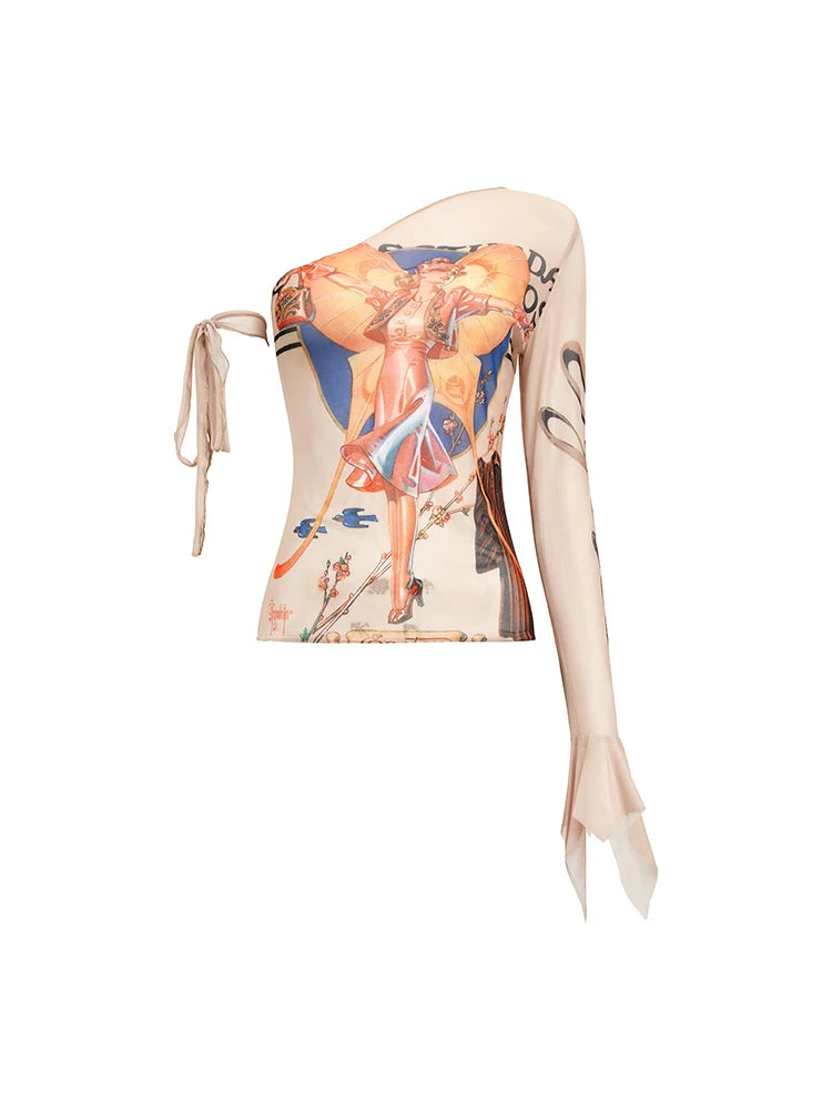 Women's Graphic Print T-shirt Harajuku Korean Y2k Aesthetic Fashion Vintage Long Sleeve Slim T-shirts Clothes 2000s Clothes 2024