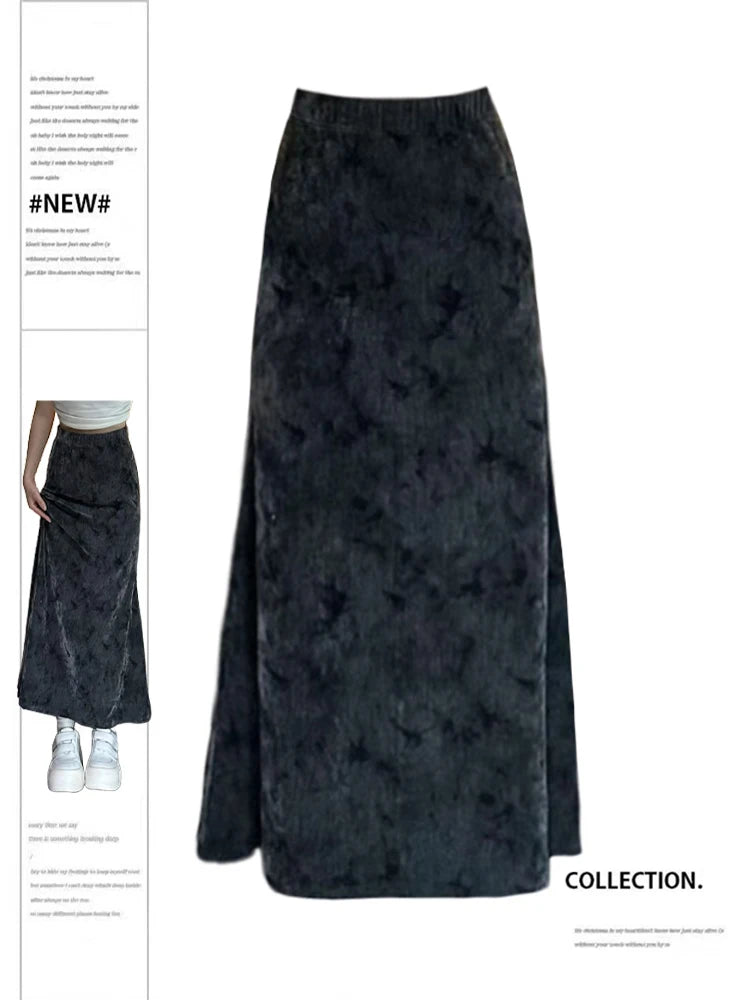 Women Black Gothic A-line Long Skirt Vintage Y2k Skirt Harajuku Korean Streetwear Tie-Dyed Skirts 2000s Goth Clothes Summer 2024